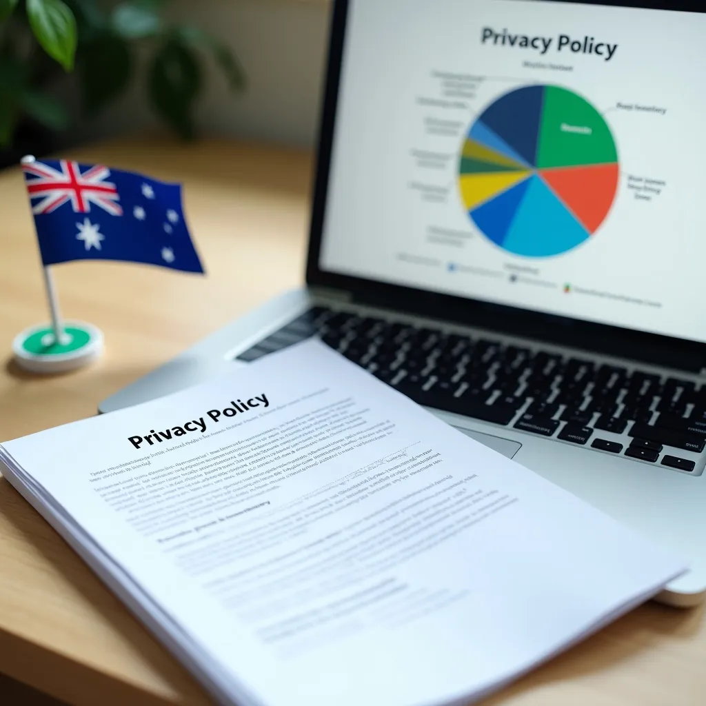 Privacy policy document on a desk with a laptop showing Australian flags