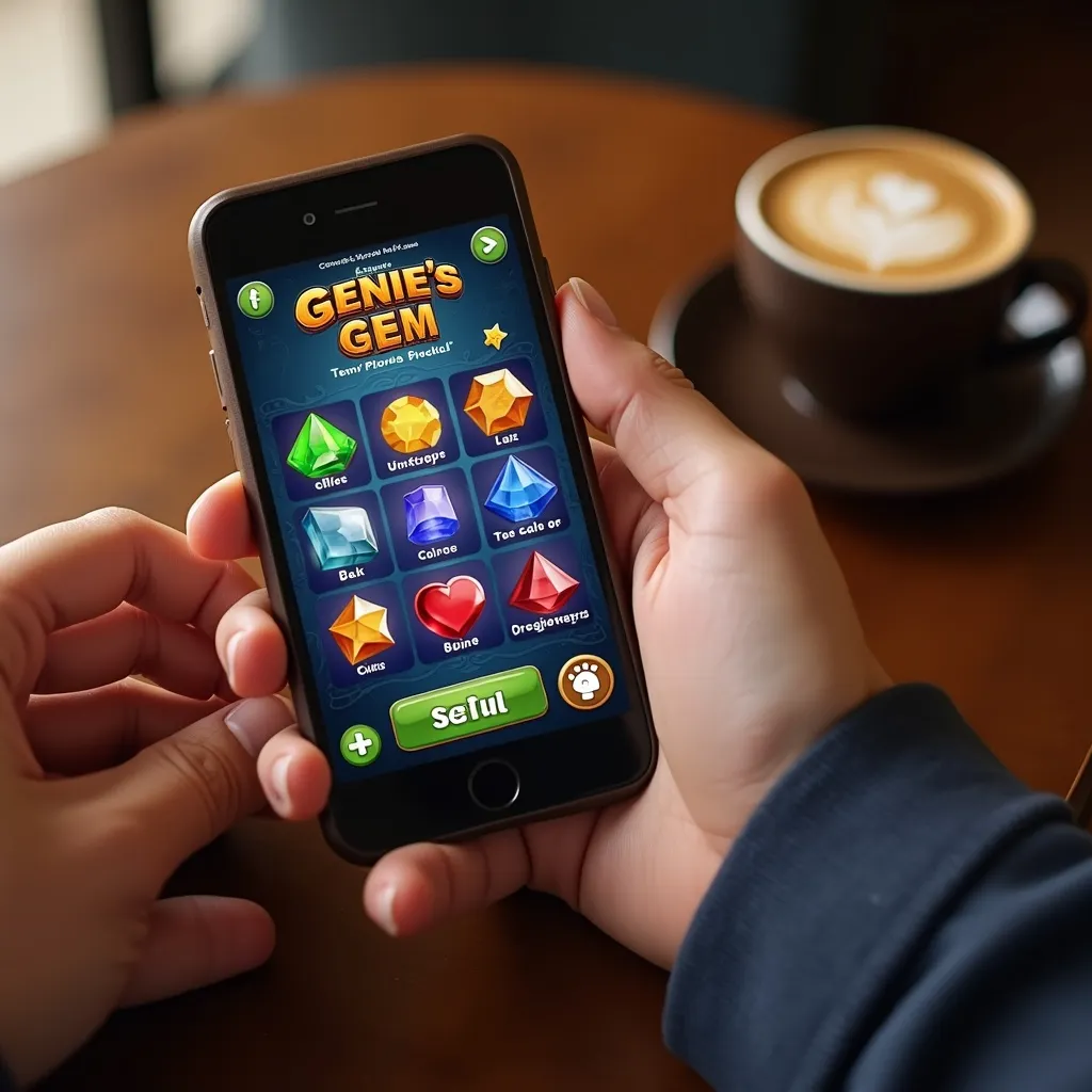 Mobile phone displaying Genie's Gem Bonanza game on a café table