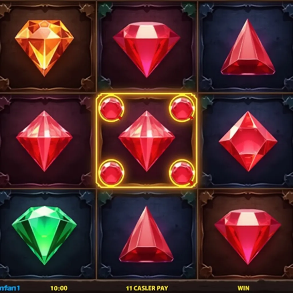 Scatter pays grid example with 10 matching red gem symbols highlighted