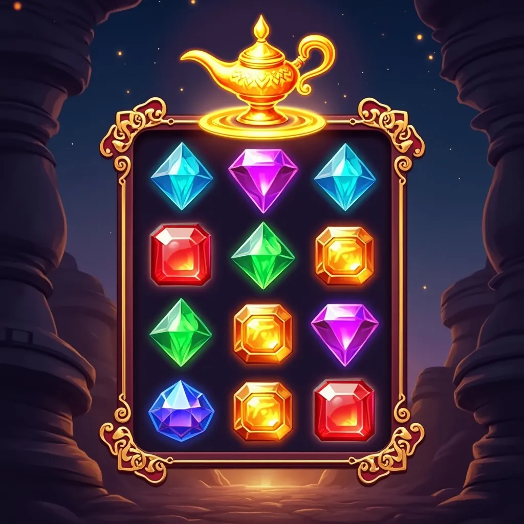 Genie's Gem Bonanza main screen with gem symbols and multiplier