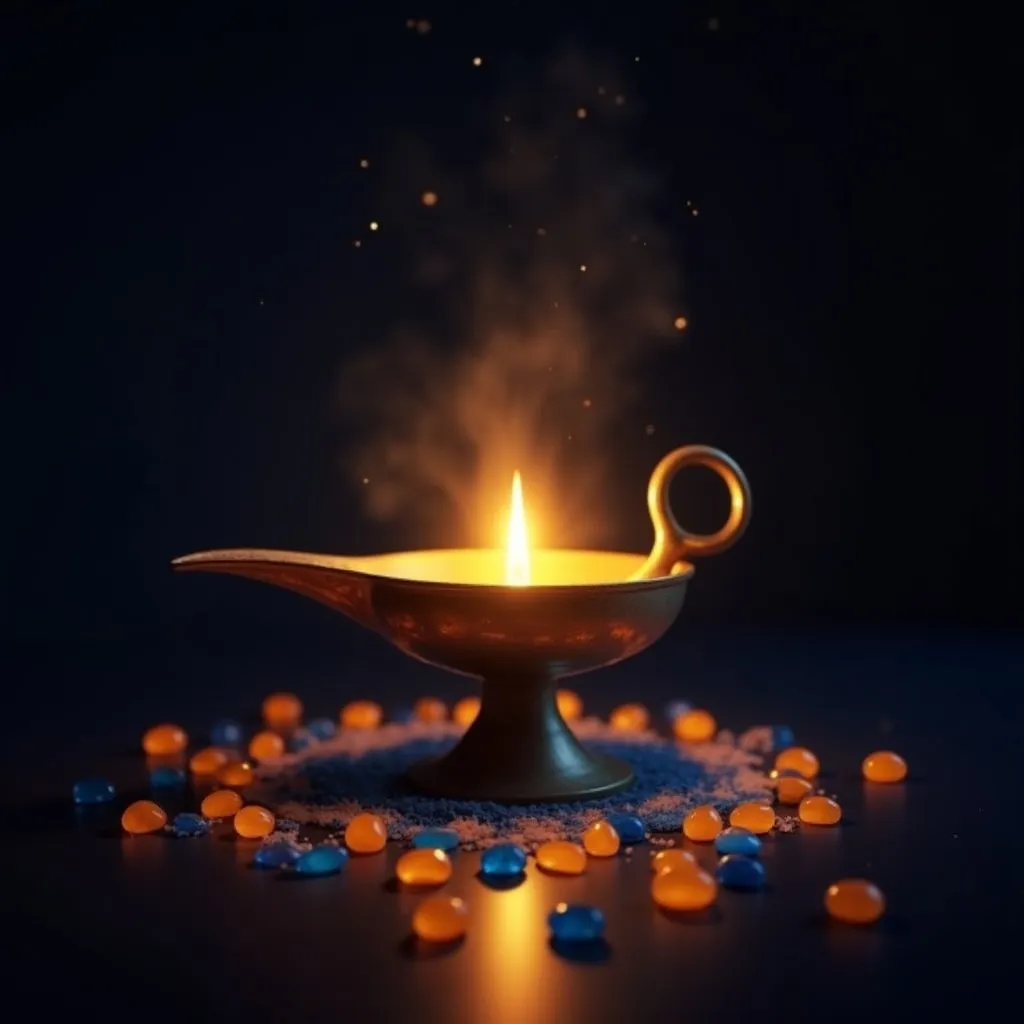 Abstract composition of a magic lamp and gems on a dark background