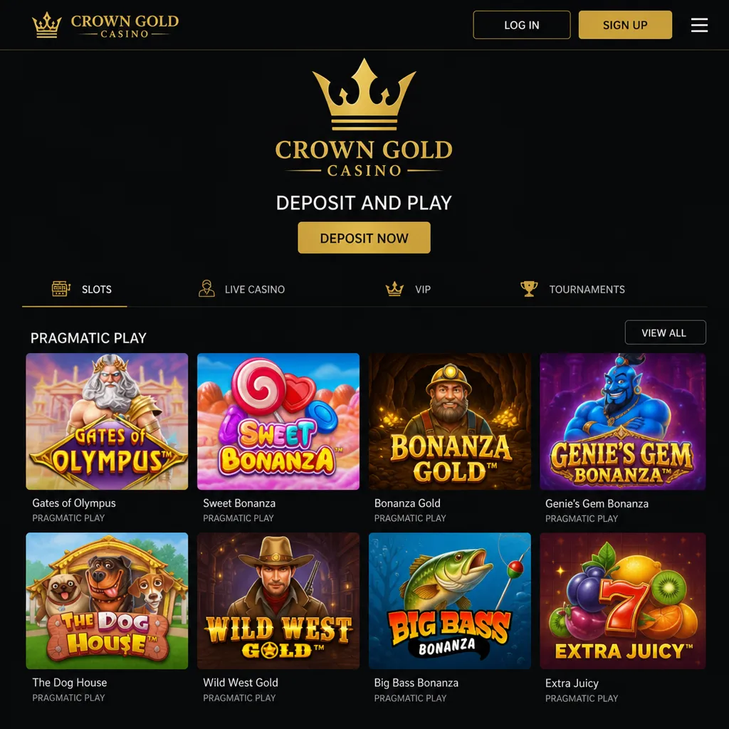 Crown Gold Casino minimal interface with Genie's Gem Bonanza game icon