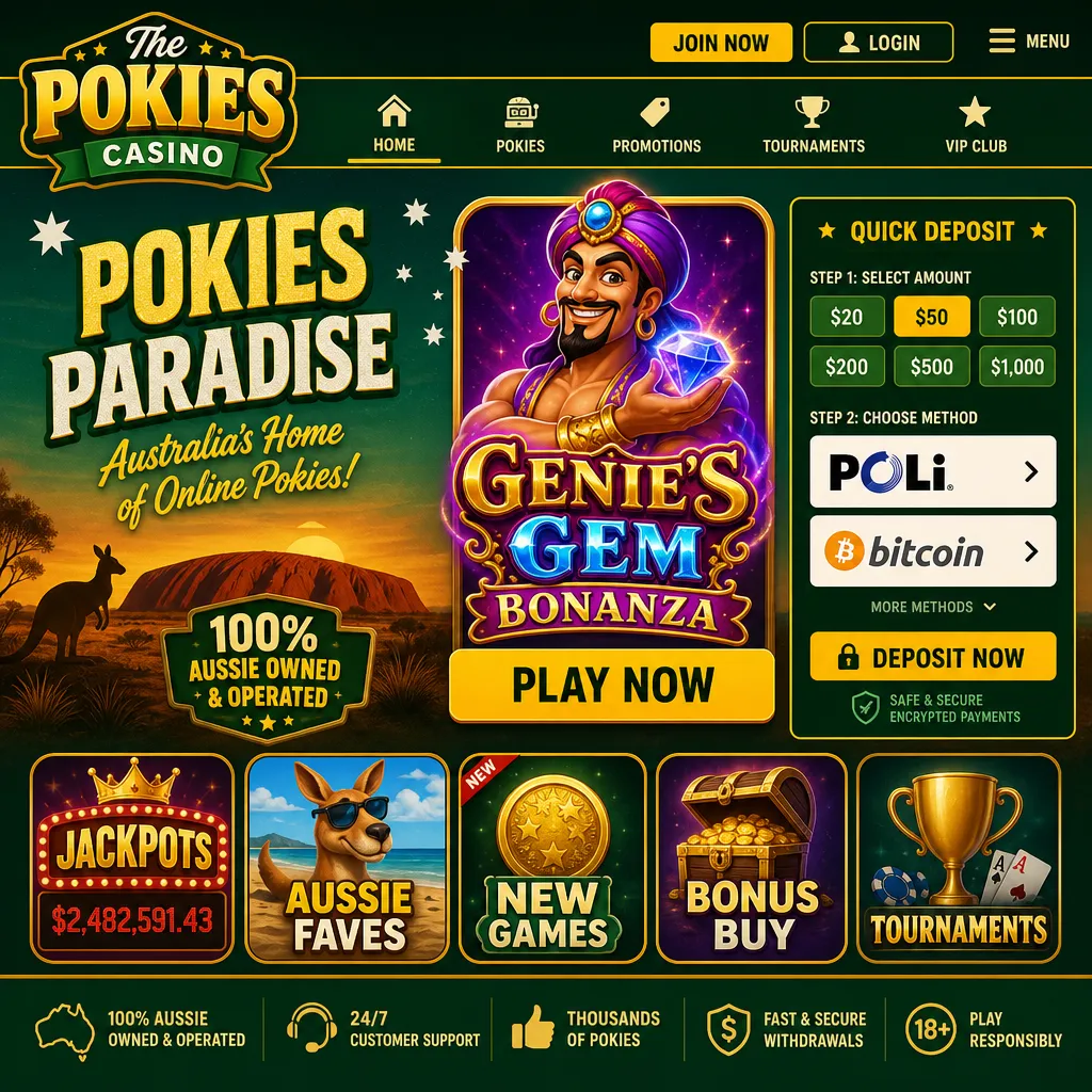 ThePokies Casino Australia lobby showing Genie's Gem Bonanza game and POLi option