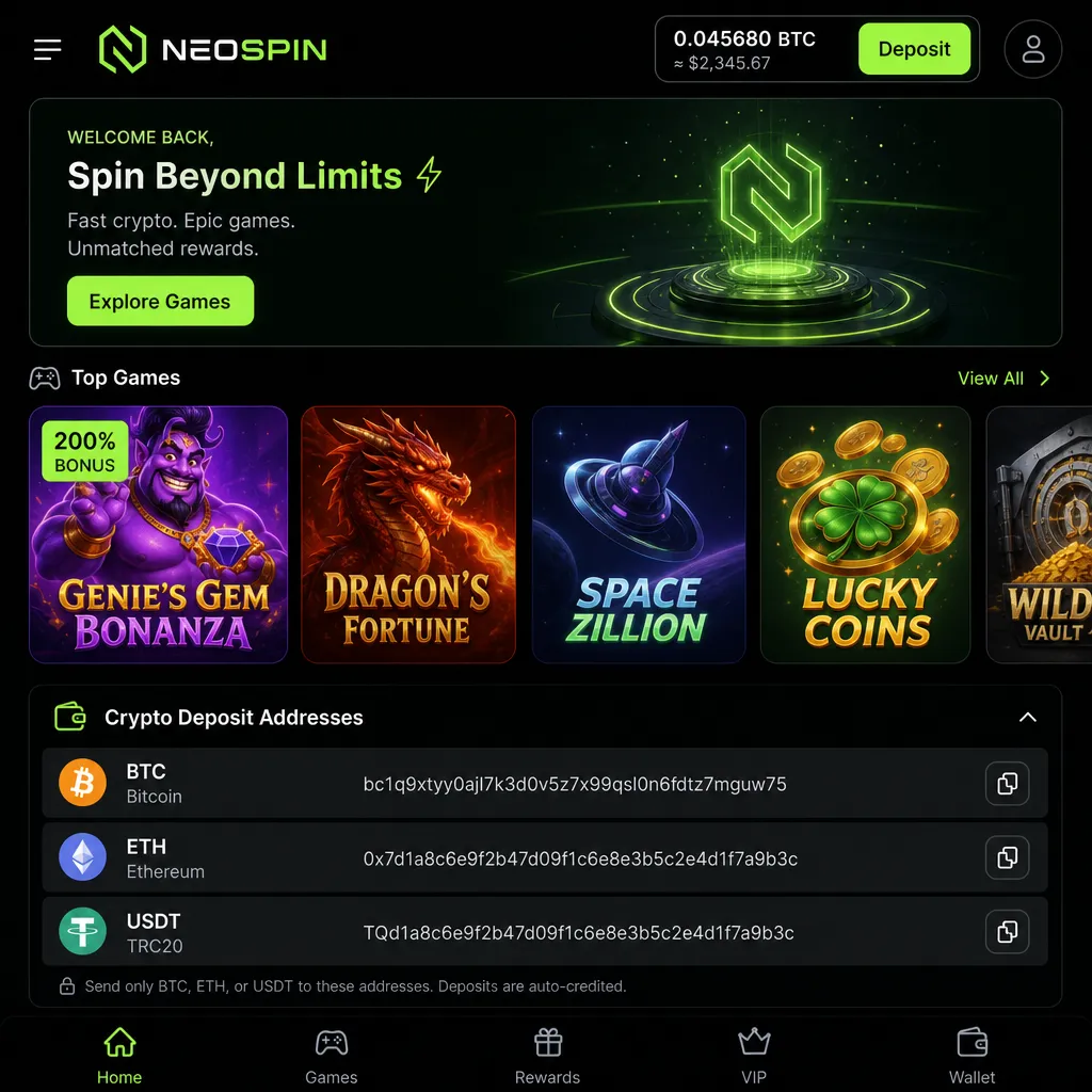 NeoSpin crypto casino dashboard displaying Genie's Gem Bonanza game tile