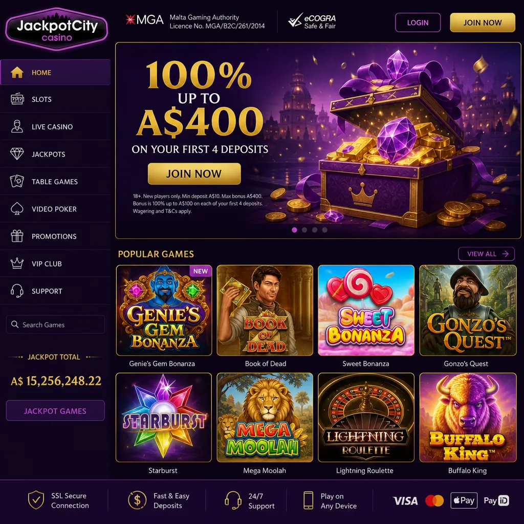 Jackpot City casino lobby with Genie's Gem Bonanza and MGA badge