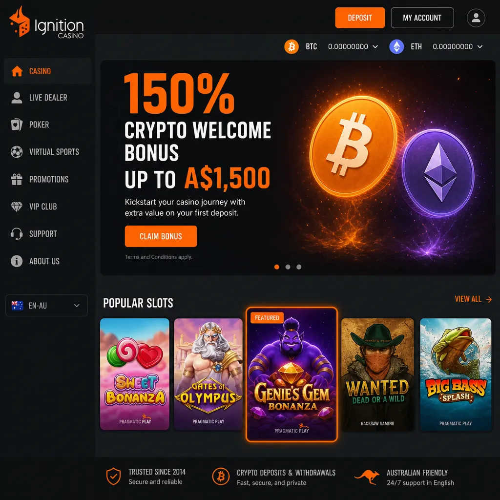 Ignition Casino crypto welcome bonus page with Genie's Gem Bonanza slot
