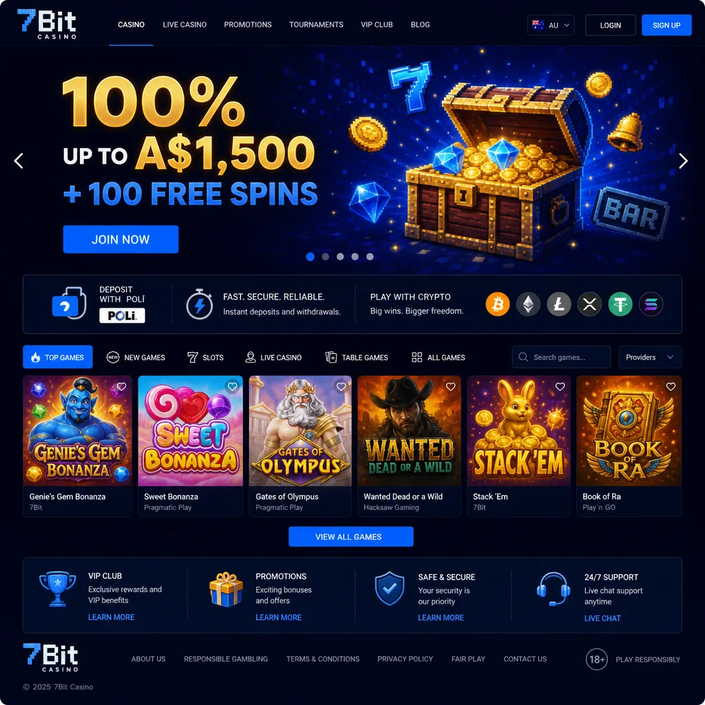 7Bit Casino lobby with Genie's Gem Bonanza slot and welcome bonus banner