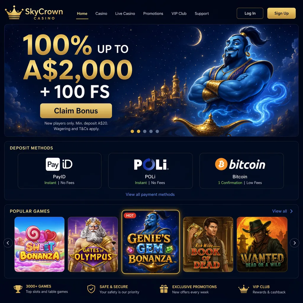 SkyCrown Casino promotion page with Genie's Gem Bonanza and PayID logos